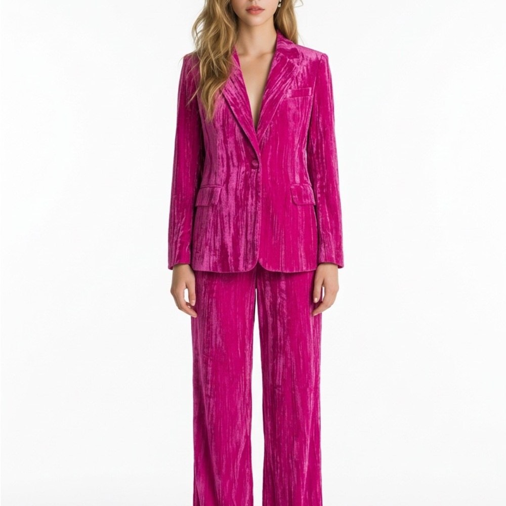 Nasty Gal Hot Pink Velvet Blazer & Wide-Leg Pants Set